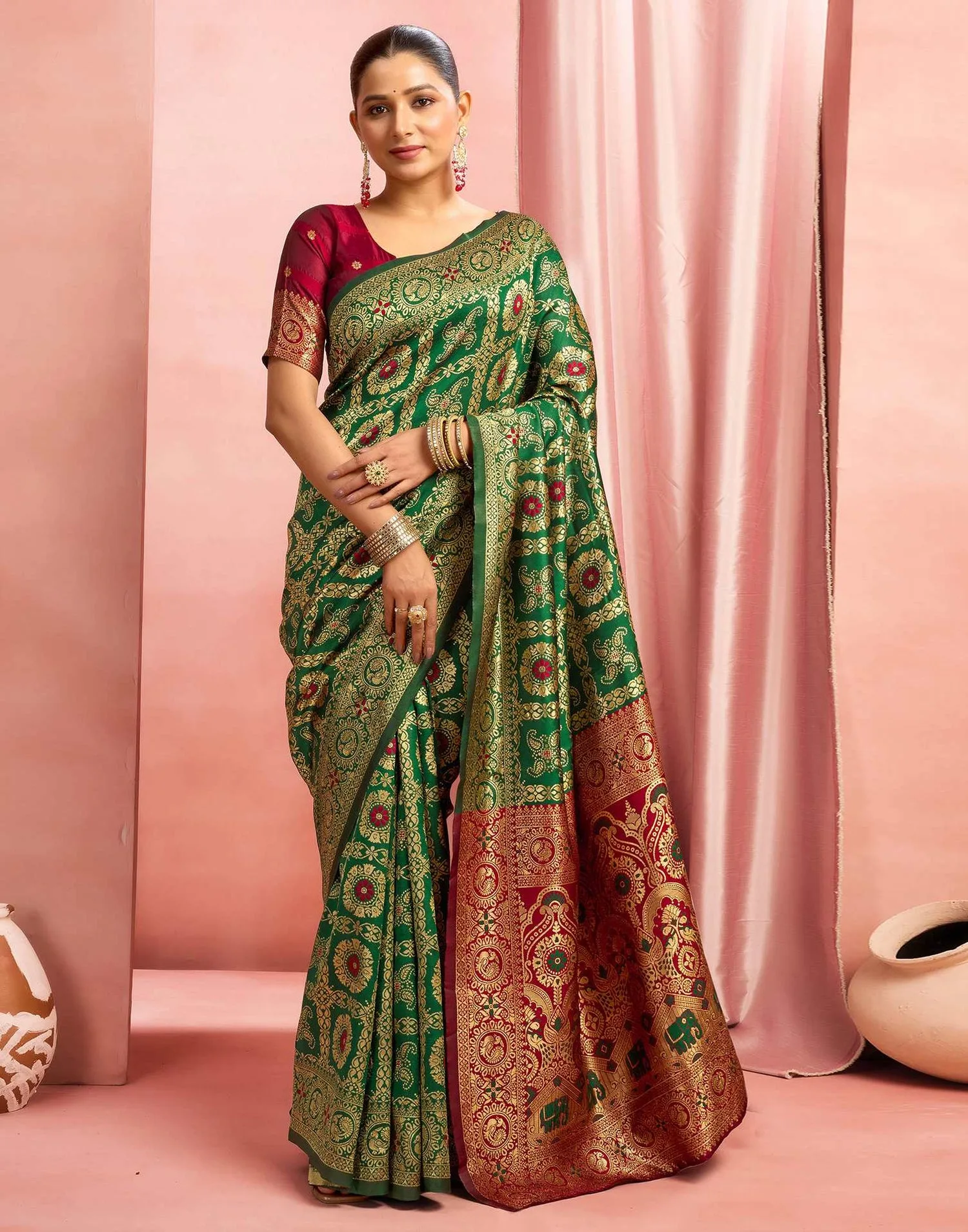 Green and Maroon Banarasi Silk Saree front view