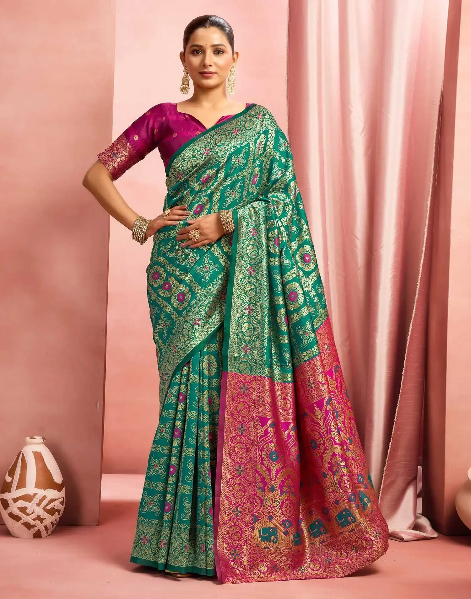 rama pink banarasi saree front view