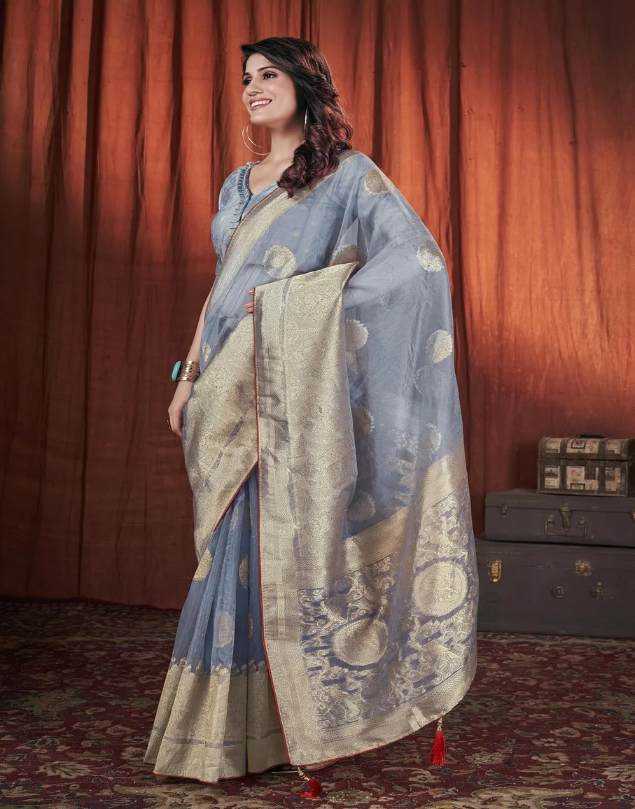 Elegant Steel Blue Satin Silk Saree with Gold Zari Border - Image 2