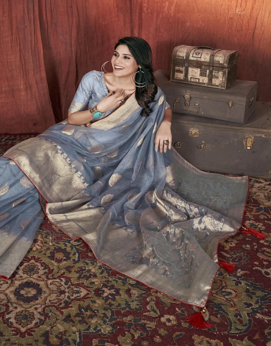 Elegant Steel Blue Satin Silk Saree with Gold Zari Border - Image 3