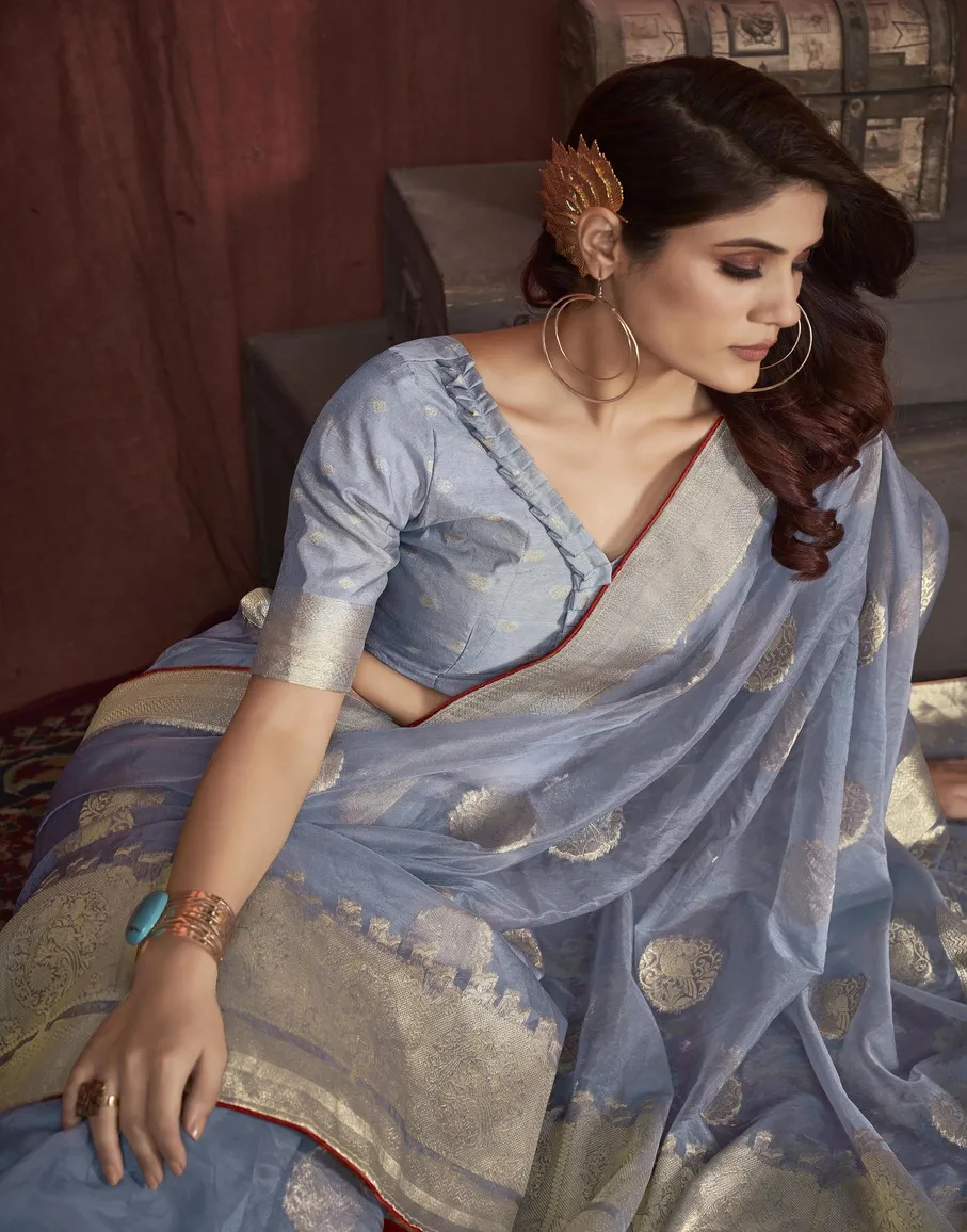 Elegant Steel Blue Satin Silk Saree with Gold Zari Border - Image 4