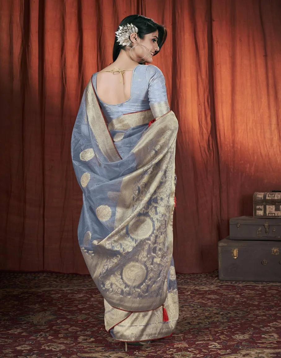 Elegant Steel Blue Satin Silk Saree with Gold Zari Border - Image 5