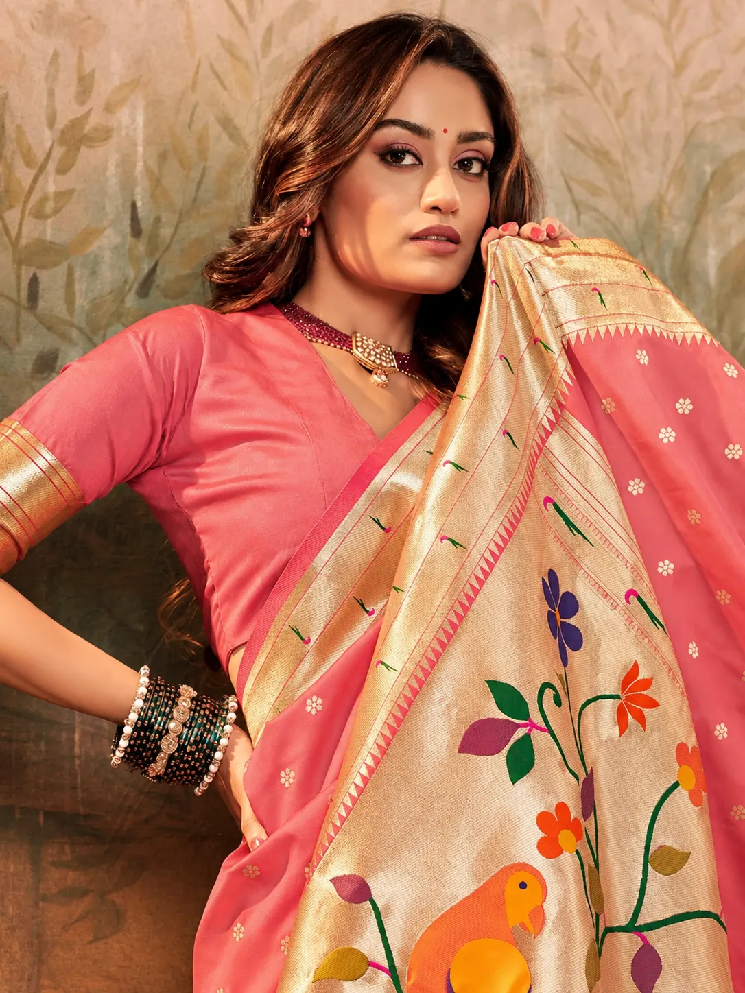 Peach Paithani Saree with Golden Zari Weaving and Traditional Peacock Pallu - Image 3