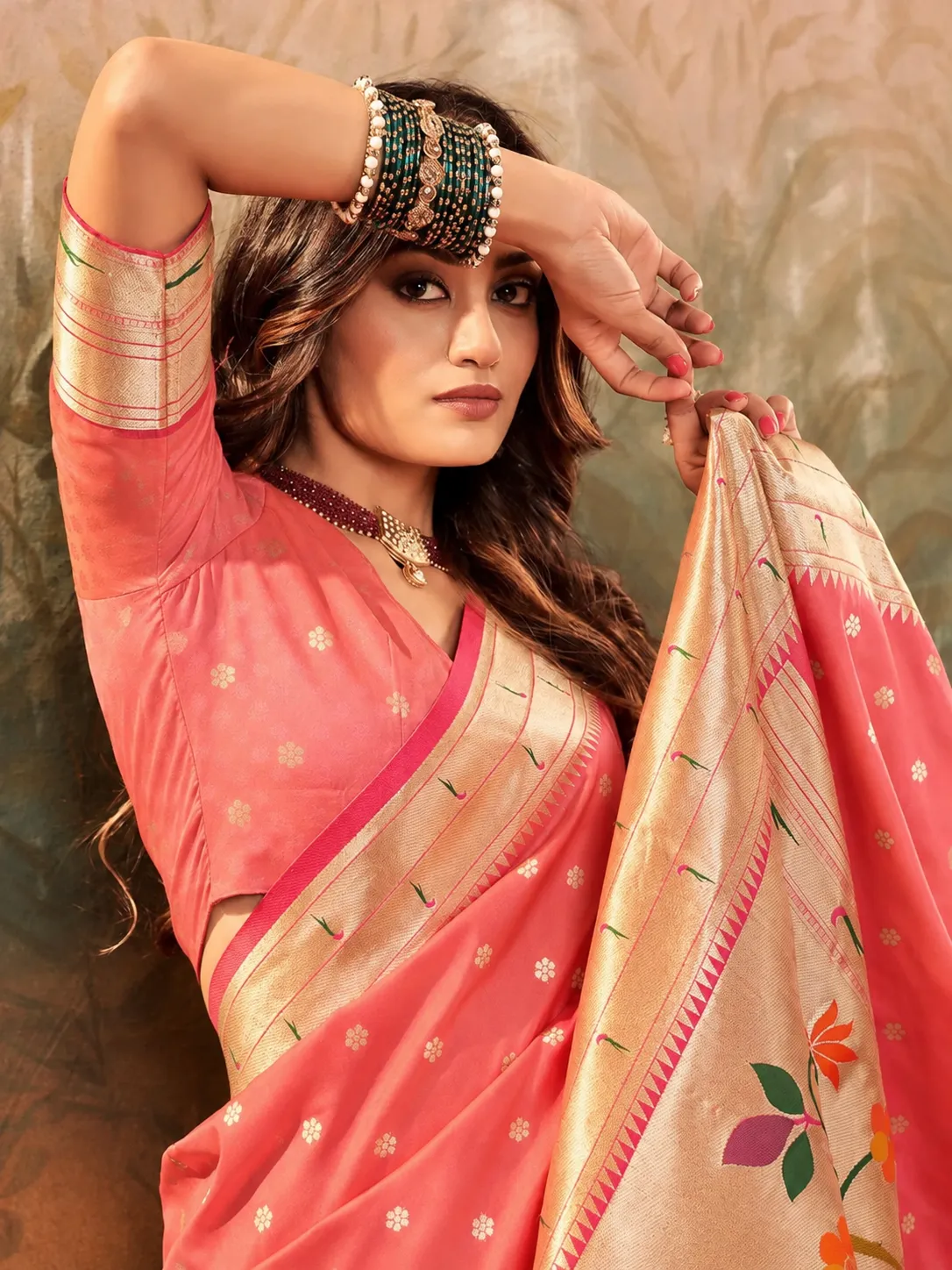 Peach Paithani Saree with Golden Zari Weaving and Traditional Peacock Pallu - Image 2