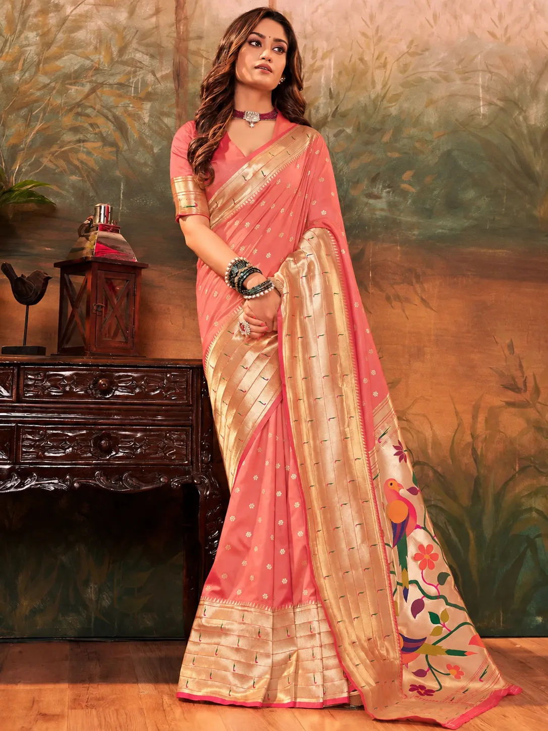 Peach Paithani Saree with Golden Zari Weaving and Traditional Peacock Pallu - Image 4