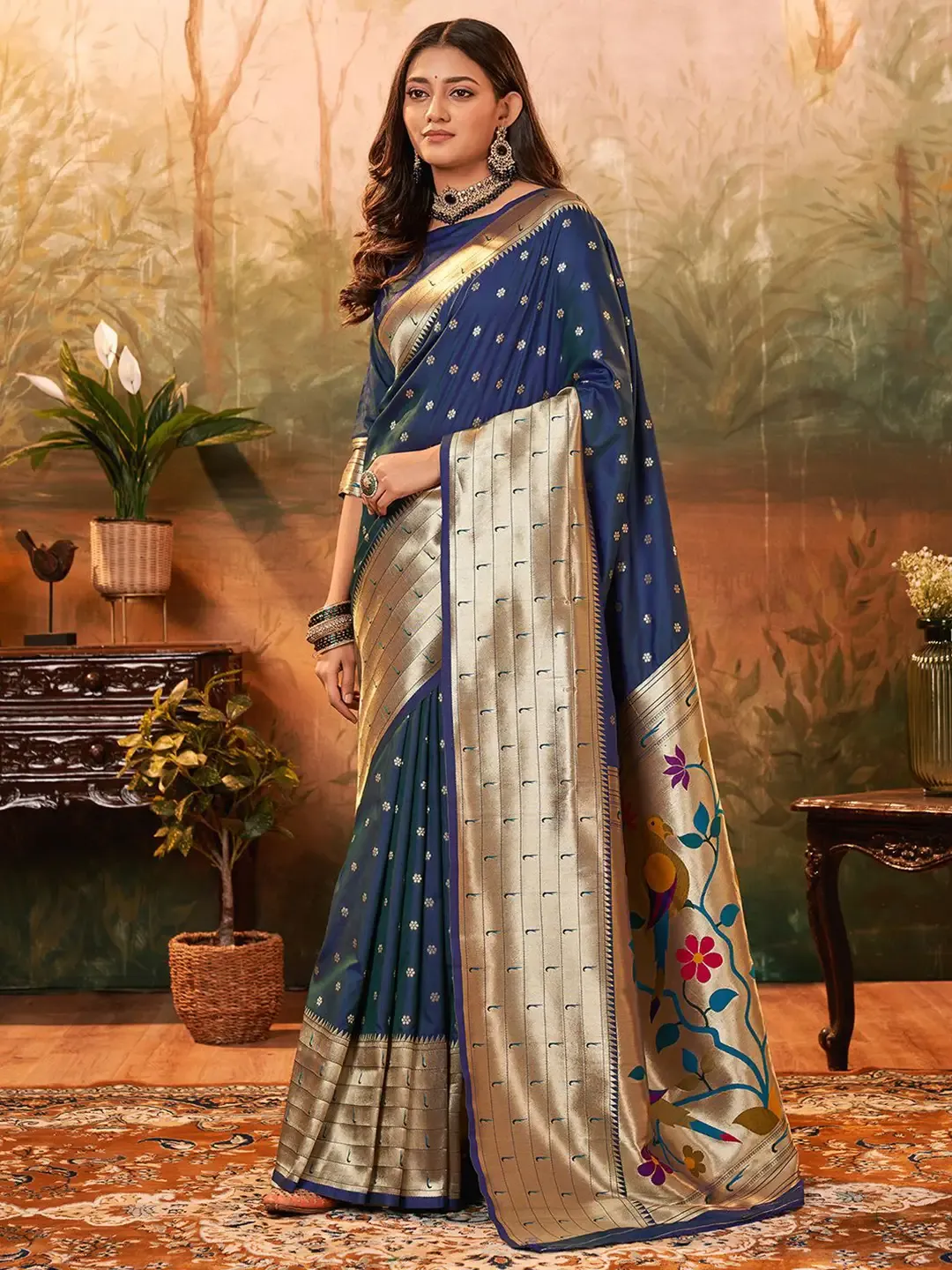 Navy Blue Paithani Saree with Golden Zari Weaving and Peacock Pallu - Image 2