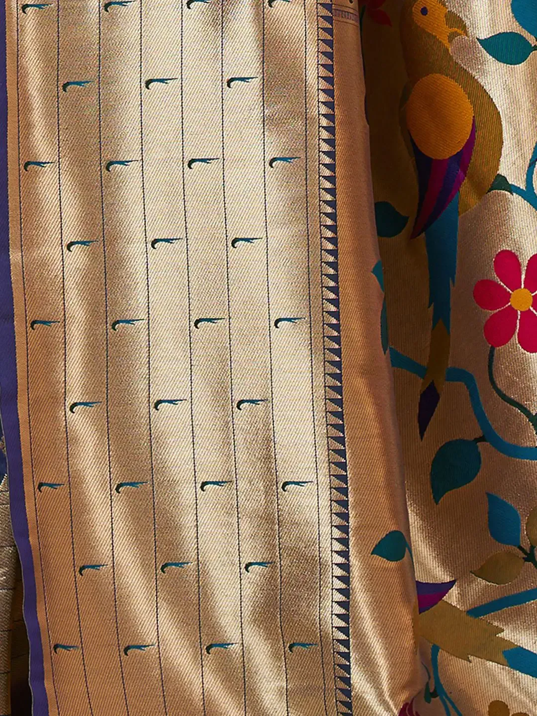 Navy Blue Paithani Saree with Golden Zari Weaving and Peacock Pallu - Image 4