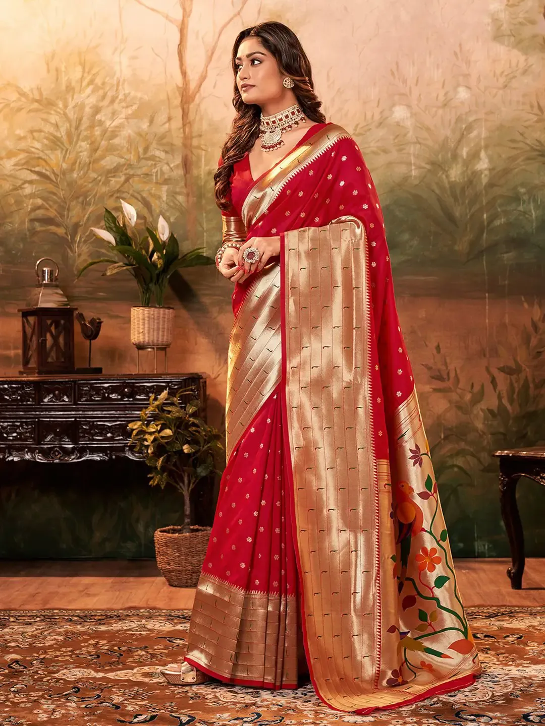Red Paithani Saree with Golden Zari Weaving and Traditional Peacock Pallu - Image 2