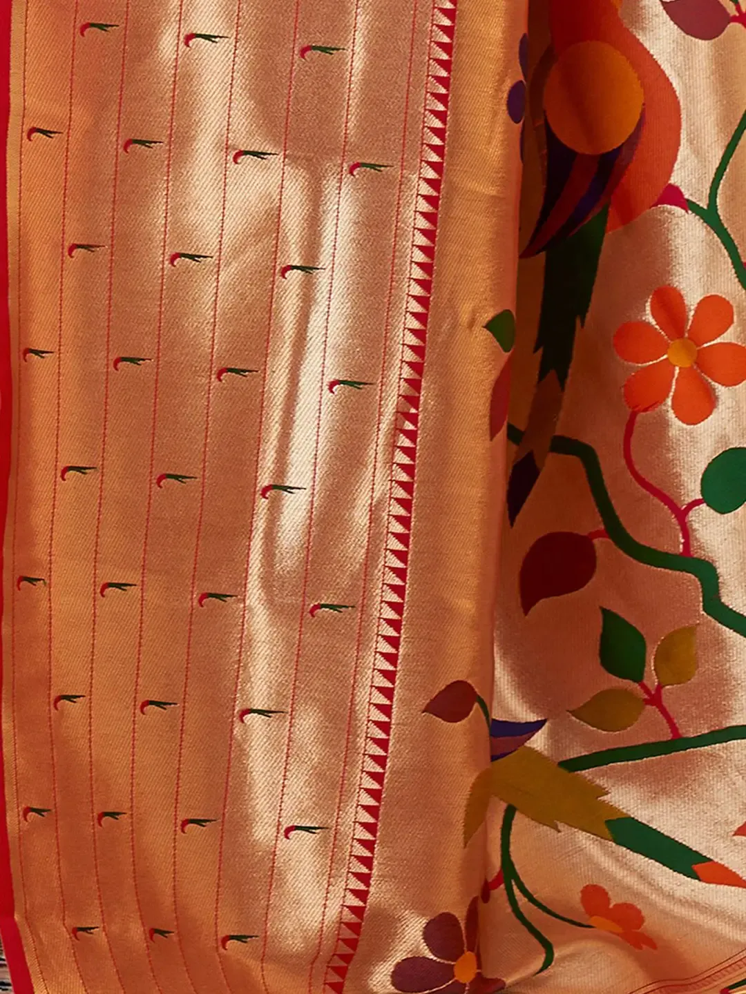 Red Paithani Saree with Golden Zari Weaving and Traditional Peacock Pallu - Image 3
