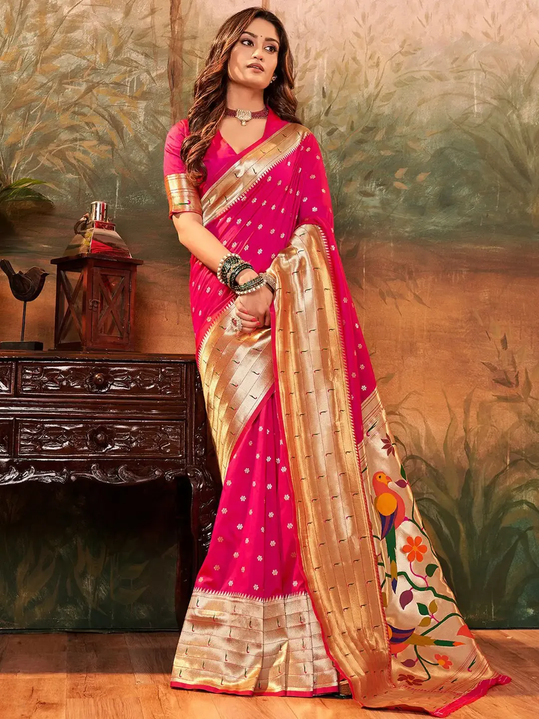Pink Paithani Saree with Golden Zari Weaving and Traditional Peacock Pallu - Image 2