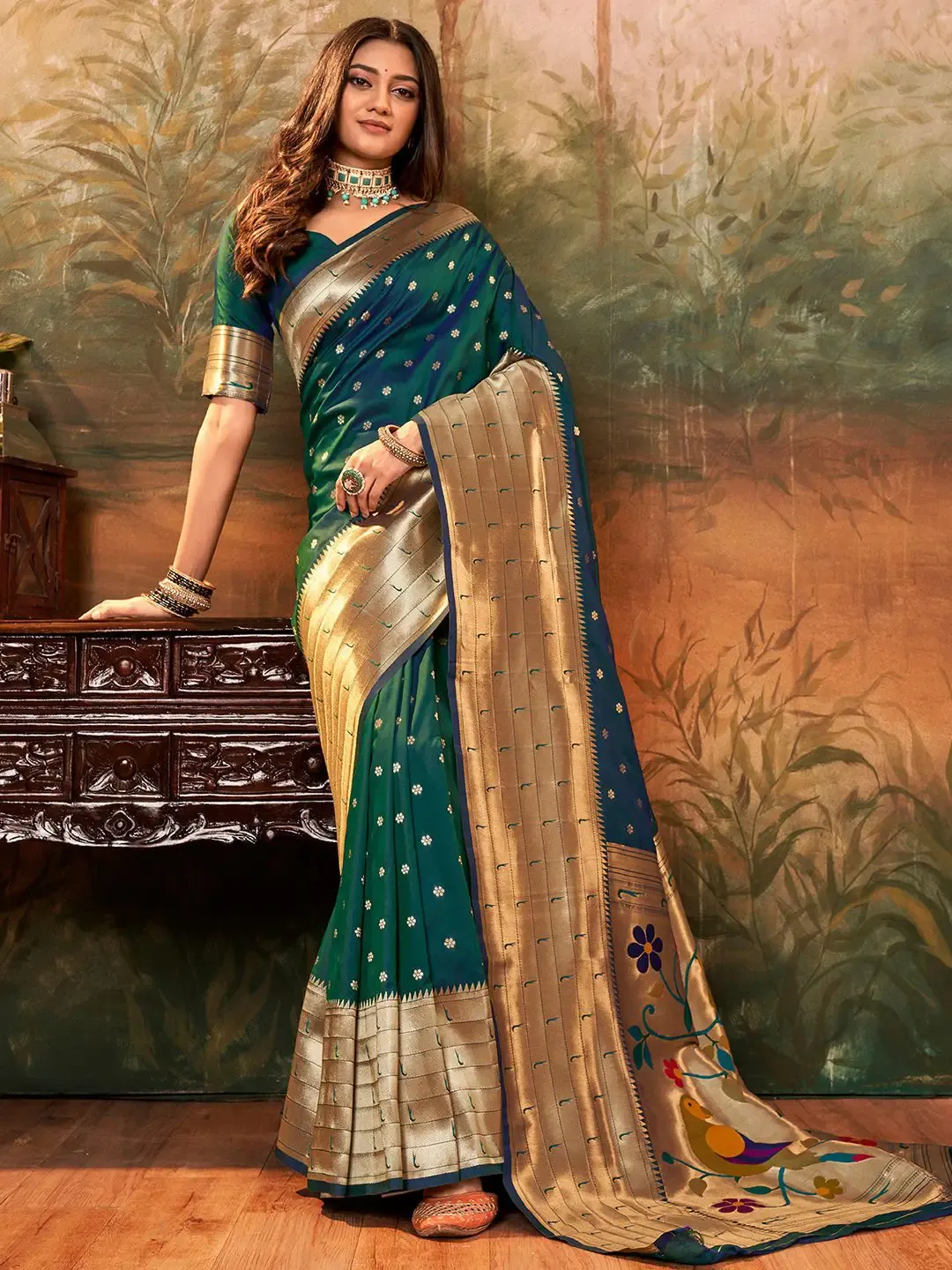 Green Paithani Saree with Golden Zari Weaving and Traditional Peacock Pallu - Image 2
