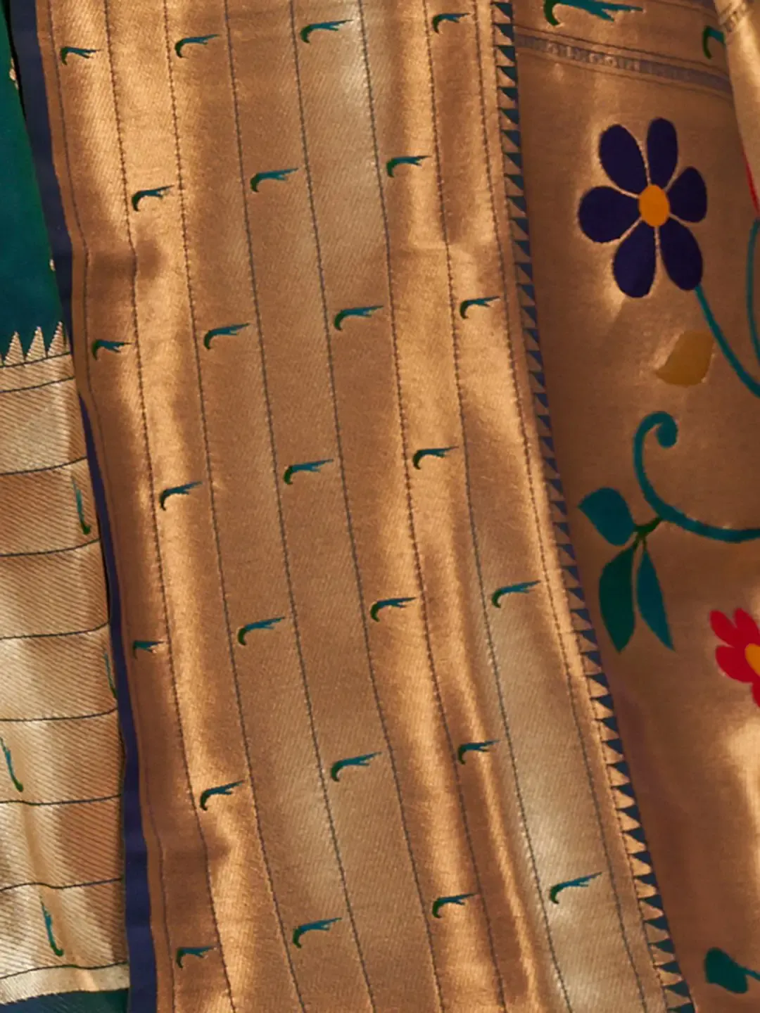 Green Paithani Saree with Golden Zari Weaving and Traditional Peacock Pallu - Image 3