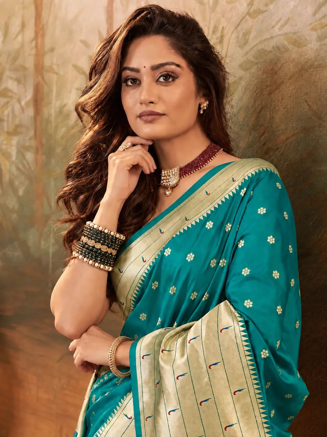 Rama Color Paithani Saree with Golden Zari Weaving and Peacock Pallu - Image 2