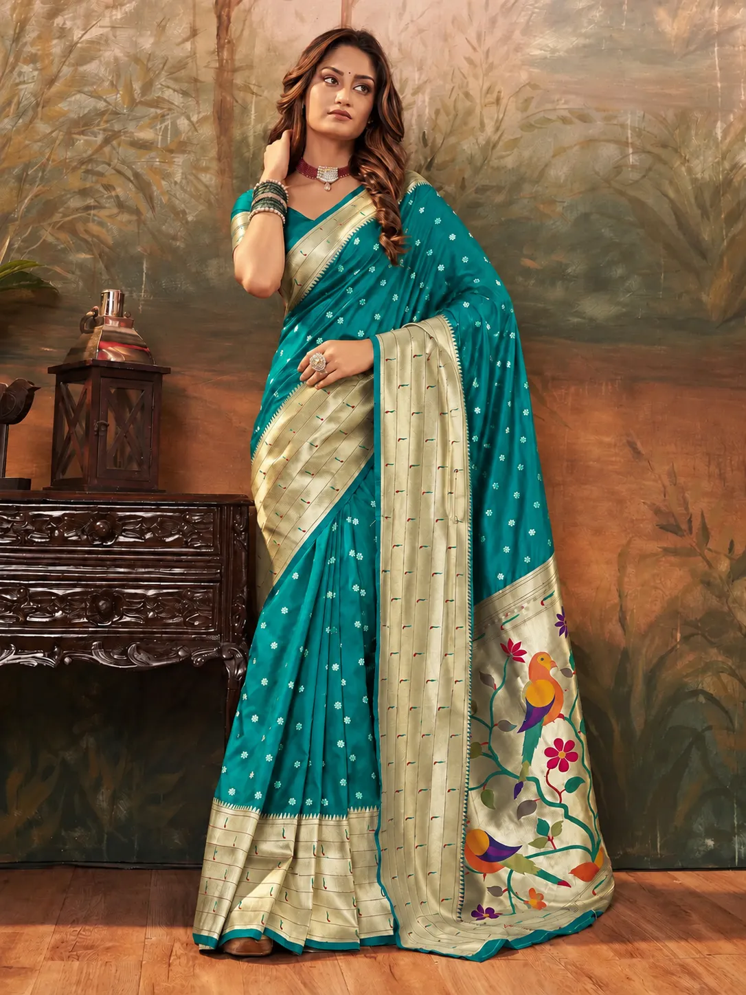 Rama Color Paithani Saree with Golden Zari Weaving and Peacock Pallu - Image 3