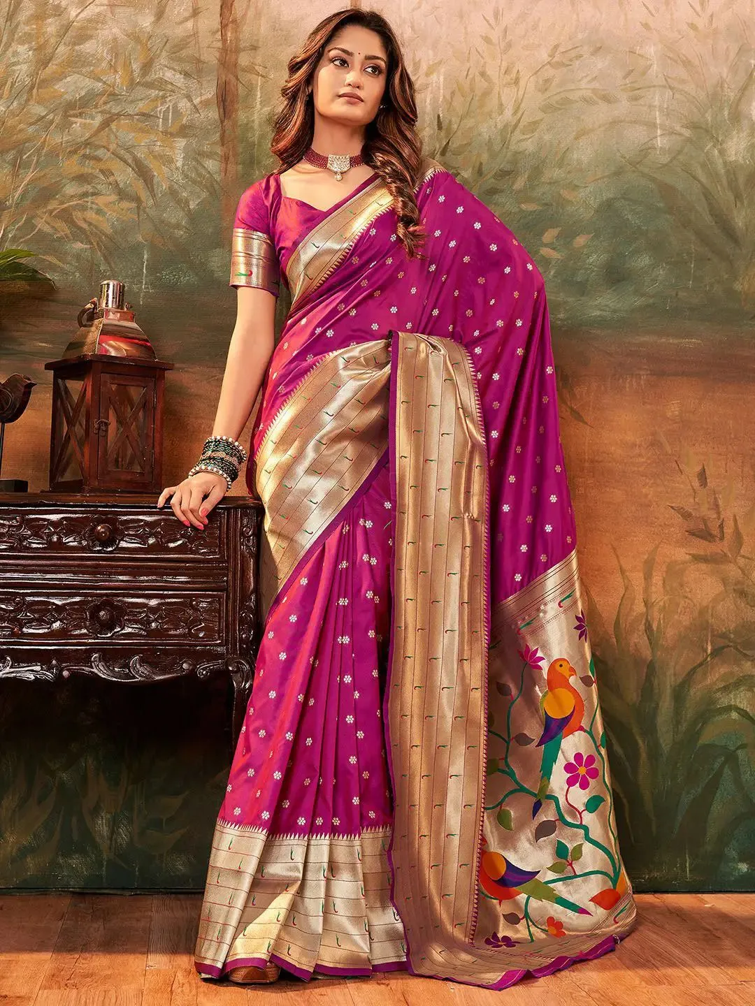 Light Wine Paithani Saree with Golden Zari Weaving and Peacock Pallu - Image 2