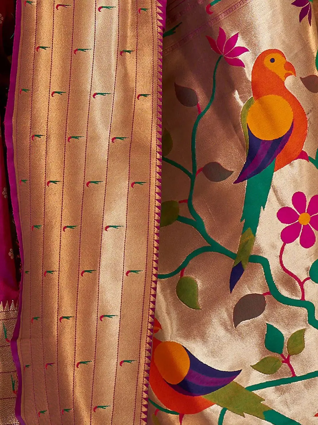 Light Wine Paithani Saree with Golden Zari Weaving and Peacock Pallu - Image 3