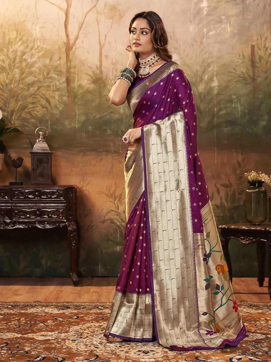 Wine Color Paithani Saree with Golden Zari Weaving and Peacock Pallu - Image 2