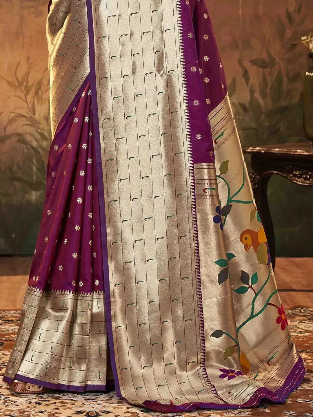 Wine Color Paithani Saree with Golden Zari Weaving and Peacock Pallu - Image 4