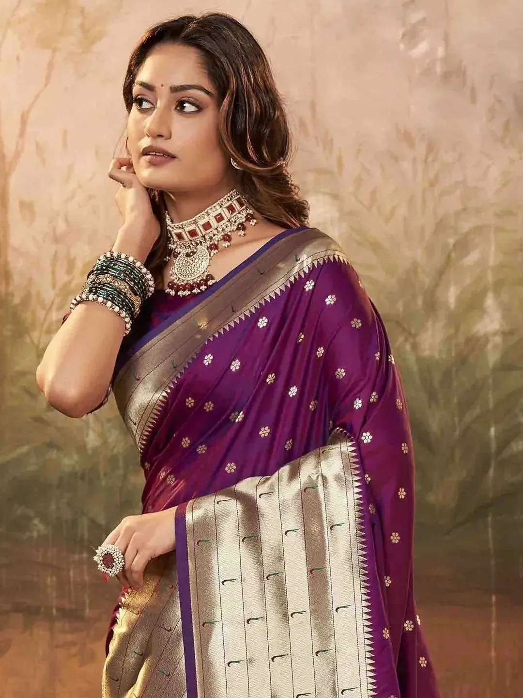 Wine Color Paithani Saree with Golden Zari Weaving and Peacock Pallu - Image 3