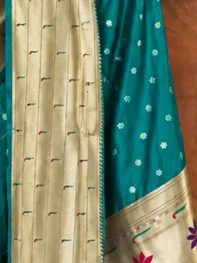 Rama Color Paithani Saree with Golden Zari Weaving and Peacock Pallu - Image 4